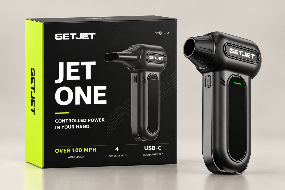 Jet One with GETJET retail packaging — packaging visualisation