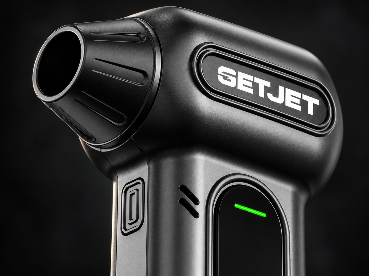 Close-up of Jet One’s outlet, GETJET badge and power controls